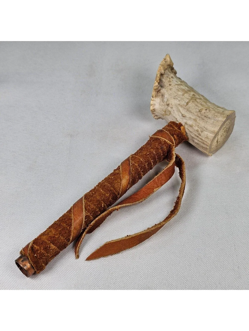 Handmade Antler Peace Pipe Leather Wrapped Stem Copper Tip Rustic 7in New